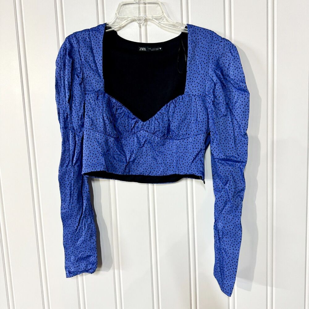 Zara Long Sleeve‎ Sweetheart Blue Poka Dot Retro Crop Top Size Medium